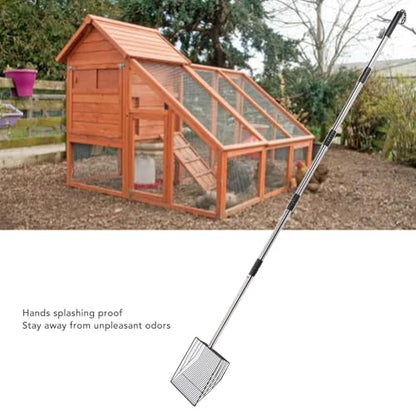 Heavy Duty Stainless Steel Litter Scoop | Non Stick Pet Waste Shovel for Farms/Coops/Livestock | Adjustable Extended Handle, Easy Maintenance