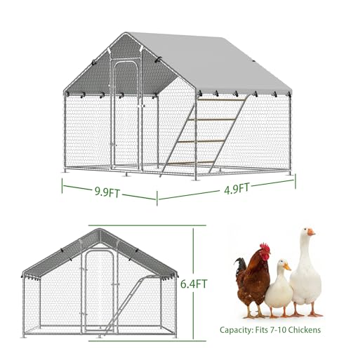Large Metal Chicken Coop with Roosting Perch, Waterproof and UV-Resistant Cover,Chicken Run Outdoor Walk-in Cage Rabbit Duck Hen House for Yard Farm Use Spire Roof (10’ W x 4.9’ L x 6.4’ H) - size: 59.9"L x 118.0"W x 78.0"H