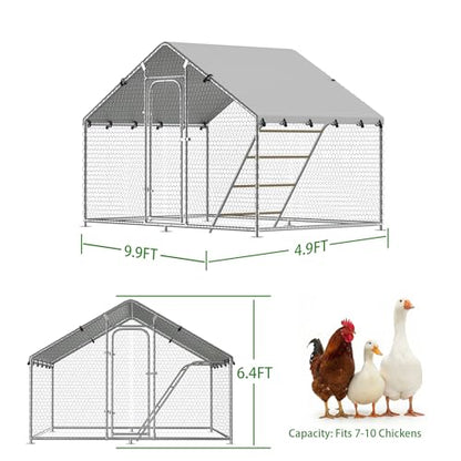 Large Metal Chicken Coop with Roosting Perch, Waterproof and UV-Resistant Cover,Chicken Run Outdoor Walk-in Cage Rabbit Duck Hen House for Yard Farm Use Spire Roof (10’ W x 4.9’ L x 6.4’ H) - size: 59.9"L x 118.0"W x 78.0"H