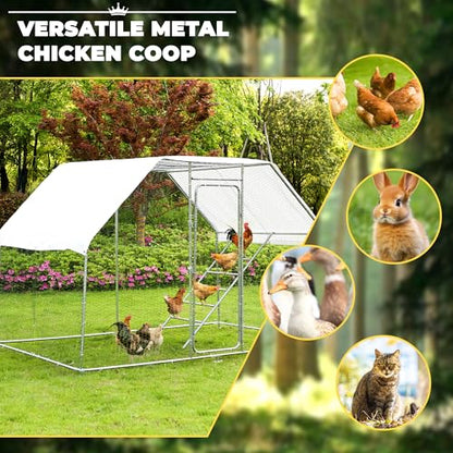 Metal Chicken Coop, 9.8 x 6.6 x6.6 Walk-in Chicken Run for 10 Chicken with Upgrade Roosting Perch, Water-Resident and Anti-UV Cover, Sturdy Flat Roof Chicken House for Outdoor Farm Use - color: Flat Roof
