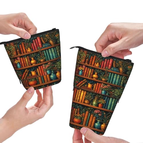 Bookshelf Plant Kids Standing Pencil Case Girls Boys Telescopic Stationary Pouch with Zipper Large Capacity Stand up Pen Bag Portable Makeup Holder for Children School Students Office Supplies - color: Bookshelf