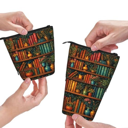 Bookshelf Plant Kids Standing Pencil Case Girls Boys Telescopic Stationary Pouch with Zipper Large Capacity Stand up Pen Bag Portable Makeup Holder for Children School Students Office Supplies - color: Bookshelf