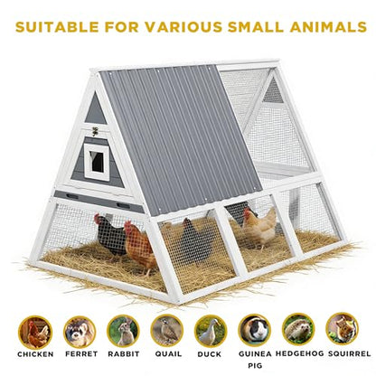 Large Chicken Run Coops with Nesting Boxes Outdoor for 4-6 Chickens Wooden Duck Rabbit Hen House A-Frame Quail Cages with Removable Tray Ramp and Weatherproof Roof for Backyard Outside (White2) - color: White2