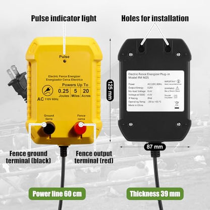 MorningRo Electric Wire Fence Kit, 5 Mile 110VAC 0.25 J Plug in Fence Charger with 3366 FT Polywire, 40 T Post Insulators, 20 Screw in Insulators for Pasture Farm Horse Cattle Poultry Fencing - size: 3366FT, style: 0.25J