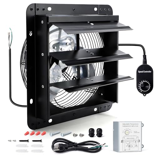 12 Inch Wall Mounted Shutter Exhaust Fan with Thermostat and Speed Controller for Attic, Greenhouse, Shed, Garage, Chicken Coop, Shop, Barn Ventilation, 970 CFM Louvered Vent Fan, Black - color: with Power Cord & Speed Controller & Thermostat, size: 12 In