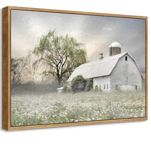 Framed Rustic Farmhouse Canvas Wall Art White Barn picture Wall Decor Country Farm Wildflower Landscape Poster Prints Soft Willow Countryside Painting for Bedroom Living Room 16x12 in Canvas - color: Framed, size: 12"L x 16"W