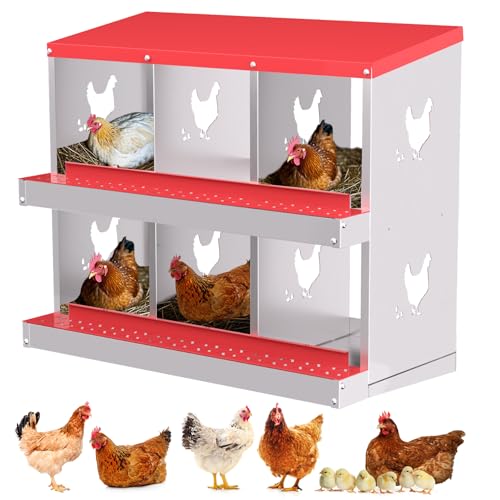 Hetoy Chicken Nesting Box, Multi-Compartment Metal Hen Laying Box with Breathable Holes & Resting Platform, Wall Mounted/Floor Rollaway Nesting Boxes for Laying & Collection Eggs, 6 Grids - color: Red without stand, size: 6 Compartment