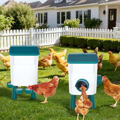 Chicken Feeder and Waterer Set 2 Gallon/17.6 Pounds, Automatic Chick Feeder and Waterer Set No Waste, Poultry Feeder Large for Hens/Ducks/Poultry - color: Blue