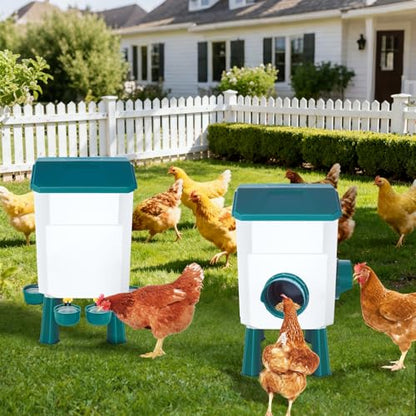 Chicken Feeder and Waterer Set 2 Gallon/17.6 Pounds, Automatic Chick Feeder and Waterer Set No Waste, Poultry Feeder Large for Hens/Ducks/Poultry - color: Blue