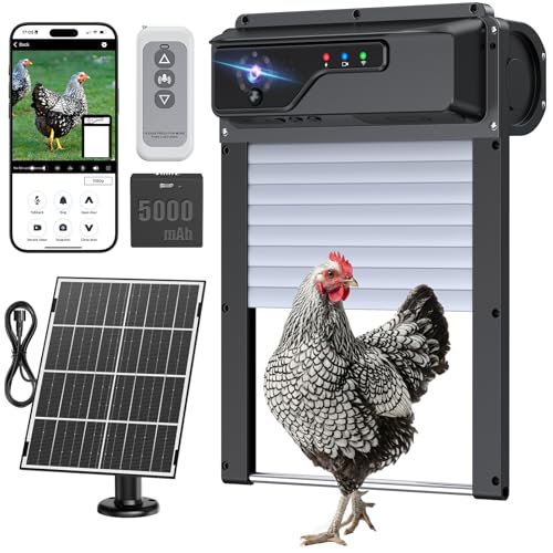 Automatic Chicken Coop Door with Camera, Solar Powered Smart Chicken Door with WiFi App Control, 1080P HD Night Vision, 5000 mAh Battery, Anti-Pinch Safety, Smart Alerts, Space-Saving Roll-Up Design