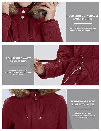 ROYAL MATRIX Women's Winter Coats Fleece Lined Parka Jacket Hooded Long Winter Warm Parka Coat with Pockets - color: Wine, size: 8