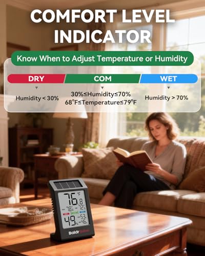 BALDR Indoor Thermometer Hygrometer, Solar Power with Battery Backup, Large Display, Daily Max/Min & Comfort Indicator Humidity Meter（Black） - color: Black