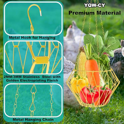 Hanging Chicken Feeder, Foldable Chicken Vegetable Feeder, Golden Poultry Fruits Feeding Holder Basket with Hanging Chain, Veggie Treat Ball Toys Cage for Chicken Hen Coop Accessories - color: Hanging Chicken Feeder