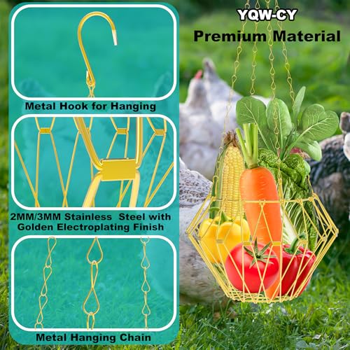 Hanging Chicken Feeder with Shepherd's Hook, Foldable Chicken Vegetable Feeder, Golden Poultry Fruits Feeding Holder Basket with Hanging Chain for Chicken Coop Accessory - color: Hanging Chicken Feeder with Hook