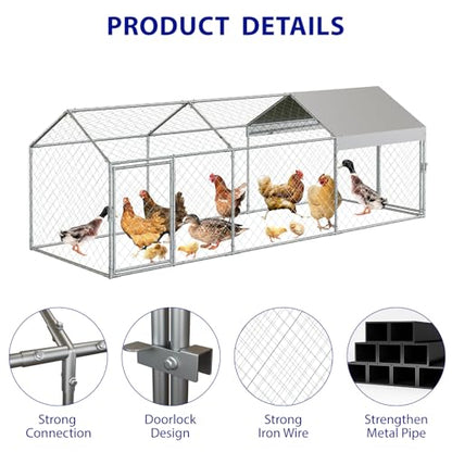 Garvee Large Metal Chicken Coop with Run, 120 in x 40 in x 40 in Chicken Run with Cover, Outdoor Walk in Poultry Cage, for Small Animals Duck Rabbit Hen Chicken Supplies - Silver