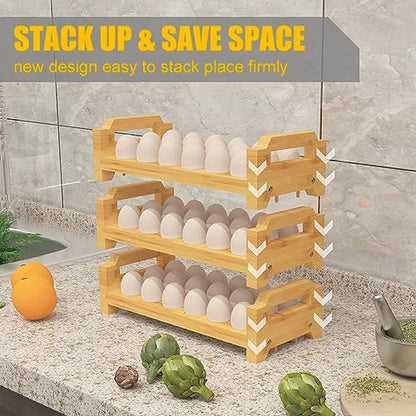 Bamboo Egg Holder Countertop - Stackable Design for Fresh Eggs, Farmhouse Egg Tray Storage Display Rack, Kitchen Counter Top Organizer Wooden Egg Stand, Fits Quail, Duck, Turkey, Chicken Eggs (Modern) - style: Modern