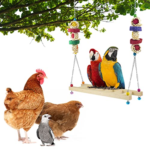 ERKOON Chicken Swing Ladder Toys with Natural Wooden Chicken Perch, Chicken Wood Stand Toy for Hens, Handmade Chicken Coop Swing Ladder Toys for Bird Parrot Hens Small Parakeets Cockatiels Macaws