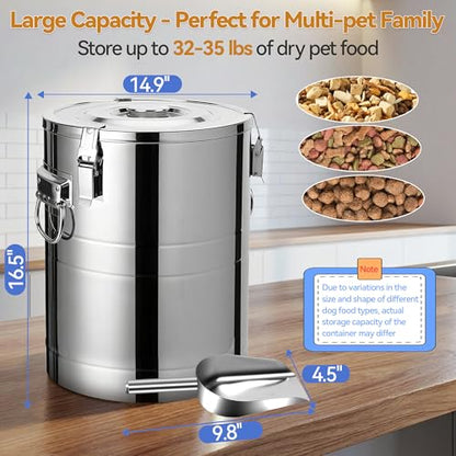 Newget 35 Lbs Stainless Steel Dog Food Storage Container, Large Airtight Pet Food Storage Bin with Lid to Keep Fresh, Metal Container with Scoop for Dog, Cat, Bird Seed, Rice, Grain & Kitchen Pantry - size: 35 lbs
