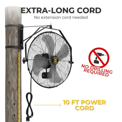 ZeboZap Walll and Pillar Mount Fan18 Inch IP44 Waterproof, 10ft Power Cord, 3 Speed, 4000CFM, Best for Commercial, Warehouse, Greenhouse, Workshop, Covered Patio, Gazebo and Factory, ETL Certified