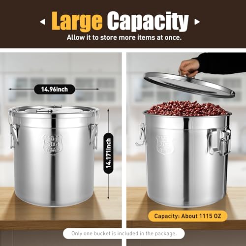 33L (8.72 gal) Stainless Steel Food Storage Container with Lid, Airtight Locking Bucket for Rice, Flour, Pet Food - Food Grade 304, Commercial & Home Kitchen, 405 oz Capacity (8.72 gal) - size: 8.72 gal