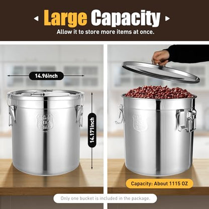 33L (8.72 gal) Stainless Steel Food Storage Container with Lid, Airtight Locking Bucket for Rice, Flour, Pet Food - Food Grade 304, Commercial & Home Kitchen, 405 oz Capacity (8.72 gal) - size: 8.72 gal