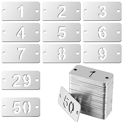 Hicarer 50 Pcs Metal Numbered Tags 1-50 Stainless Steel Number ID Key Tags with Holes Numbered Key Rings Chain(Rectangular) - style: Rectangular