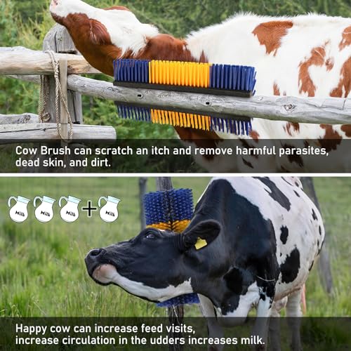Livestock Scratch Brush, 2 Pcs Cow Brush with 4 Screws, Cattle Scratcher, Horse Brushes for Grooming, Cattle Supplies for Horse, Goat, Cow, Pig Scratching Itch Relief (Blue & Yellow)
