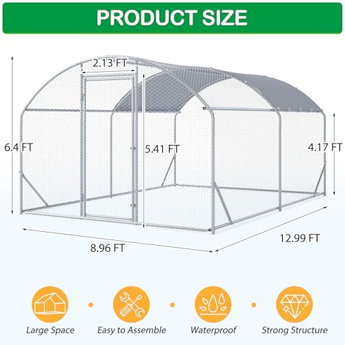 Large Metal Chicken Coop, Walk-in Chicken Run Pen with Waterproof Cover, Dome Roof Poultry Cage for Outdoor, Backyard, Farm - size: 156.0"L x 108.0"W x 77.0"H