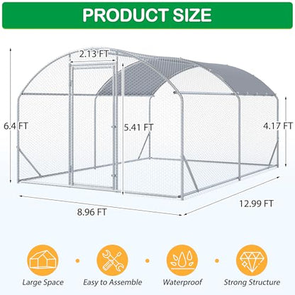 Large Metal Chicken Coop, Walk-in Chicken Run Pen with Waterproof Cover, Dome Roof Poultry Cage for Outdoor, Backyard, Farm - size: 156.0"L x 108.0"W x 77.0"H
