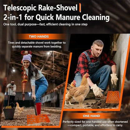 Chicken Dog Coop Poop Scooper & Rake 2-in-1 Telescopic Sifting Shovel | Litter Scoop - color: ORANGE