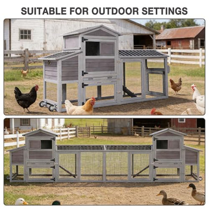 80" Large Chicken Coop on Wheels, with Run, Outdoor Wooden Hen House with Nesting Box, Leakproof Pull-Out Tray & Waterproof Roof, for 4–6 Chickens - color: Grey (AIR61)