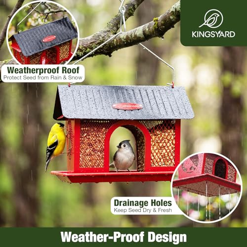 Kingsyard Bird Feeder for Outdoors Hanging, Dual-Use Metal Mesh Wild Bird Feeders with Seed Tray & Weatherproof Roof, 3 lbs Large Capacity, Red - color: Red