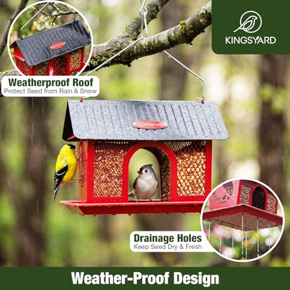 Kingsyard Bird Feeder for Outdoors Hanging, Dual-Use Metal Mesh Wild Bird Feeders with Seed Tray & Weatherproof Roof, 3 lbs Large Capacity, Red - color: Red