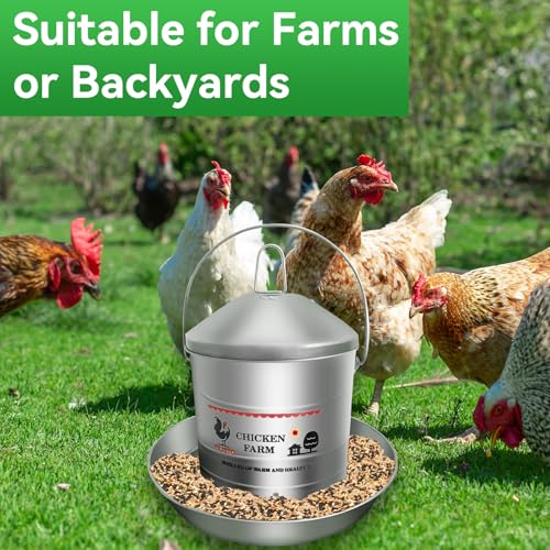 17.6 Lb Stainless Steel Poultry Feeder, Automatic Chicken Feeder No Waste, Hanging Chicken Feeder Heavy Duty Reliable Long-Lasting with Handle, Top Filled - size: 8KG/17.6 LB