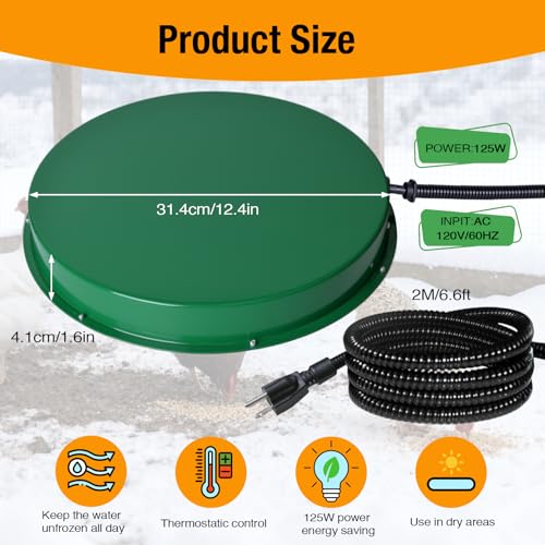 Chicken Water Heater for Winter, 125W Poultry Waterer Heated Base 31.4cm / 12.4in for Metal or Plastic Drinkers 1–5 Gallon, Freeze Proof Thermostat Deicer Chicken Drinker Heater - size: 1 PACK