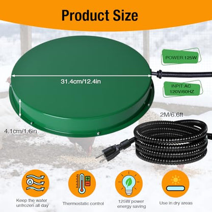 Chicken Water Heater for Winter, 125W Poultry Waterer Heated Base 31.4cm / 12.4in for Metal or Plastic Drinkers 1–5 Gallon, Freeze Proof Thermostat Deicer Chicken Drinker Heater - size: 1 PACK
