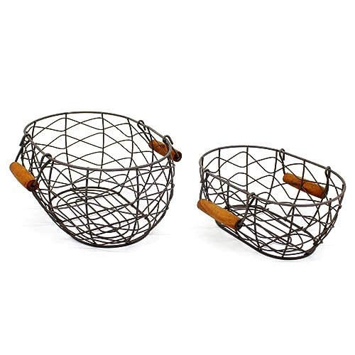 CVHOMEDECO. Oval Wire Egg Baskets Rustic Fruit Baskets with Wooden Handles Primitives Vintage Gathering Basket. Rusty, Set of 2