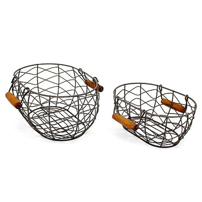 CVHOMEDECO. Oval Wire Egg Baskets Rustic Fruit Baskets with Wooden Handles Primitives Vintage Gathering Basket. Rusty, Set of 2