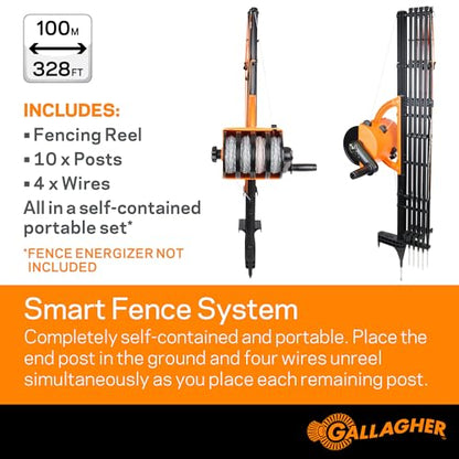 Gallagher Smart Fence 2 | Portable Electric Fence for Livestock Containment | Quick Install Temporary Field Fencing | 328ft of 4-Strand Electric Fencing with Built-in Posts and Reels