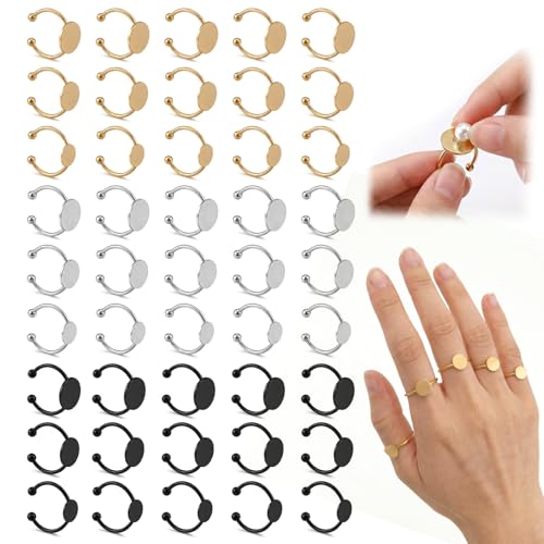 45 Pcs Adjustable Ring Blanks Stainless Steel, Flat Pad Tray Ring Base for DIY Jewelry Making, Open Band Fit Most Sizes, Durable Craft Findings Set for Resin Cabochon Gem Settings Gold Silver