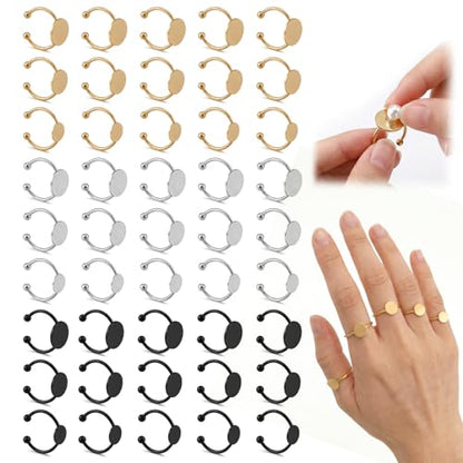 45 Pcs Adjustable Ring Blanks Stainless Steel, Flat Pad Tray Ring Base for DIY Jewelry Making, Open Band Fit Most Sizes, Durable Craft Findings Set for Resin Cabochon Gem Settings Gold Silver