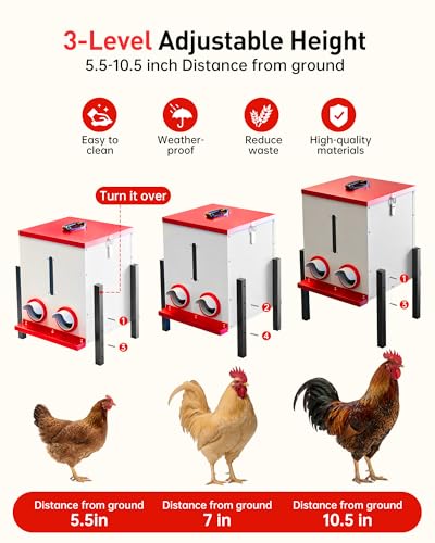 55 LBS Large Metal Chicken Feeder, 40L Automatic Poultry Feeder with 4 Feeding Ports, No Waste Catch Tray, Height Adjustable, Weatherproof for Chicken Coop Outdoor Backyard | 55 LBS Large Metal Chicken Feeder