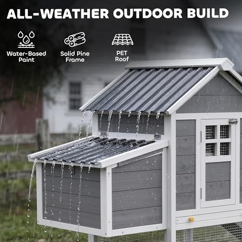 PawHut 82" Wooden Chicken Coop, Large Outdoor Hen House Poultry Hutch for 2-3 Hens, Chicken House with Nesting Box, Pull-on Tray, Waterproof Roof, Ramp and Roosting Bars for Backyard, Gray