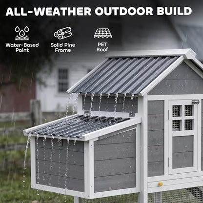 PawHut 82" Wooden Chicken Coop, Large Outdoor Hen House Poultry Hutch for 2-3 Hens, Chicken House with Nesting Box, Pull-on Tray, Waterproof Roof, Ramp and Roosting Bars for Backyard, Gray