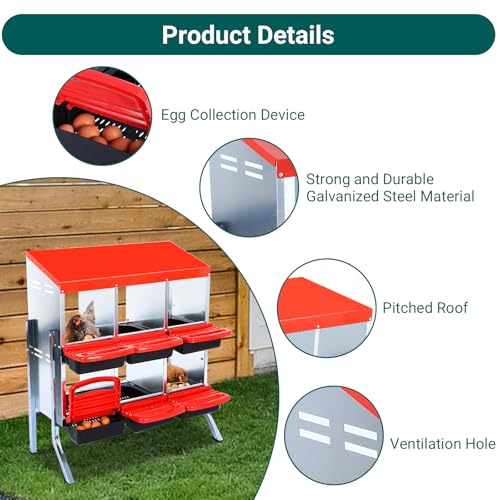 6 Hole Chicken Nesting Box with Bracket, Roll-Away Egg Collection System with Ventilation Holes，Rustproof Plastic Tray & Keyhole Mounting, Chicken Laying Box for Hen & Duck, Red - color: Red, size: 6 Compartment with Legs