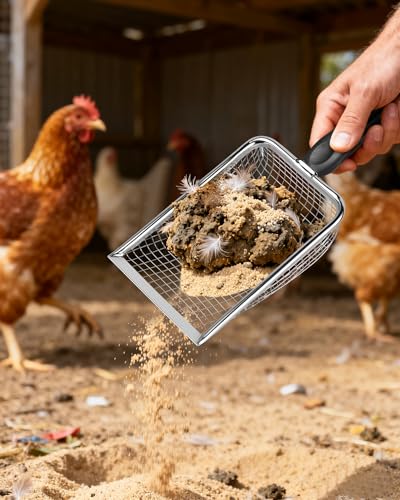 Chicken Poop Scooper for Coop,2 Pack Chicken Coop Poop Scoop Shovel with 3.8mm & 5mm Mesh, Metal Chicken Coop Rake and Scoop Tool,Scooper Shovel for Sifting Sand, Litter, Chicken Supplies