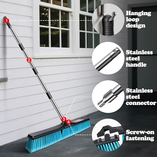 MASTERTOP 24" Heavy Duty Push Broom with Ultra-Sturdy Adjustable Handle, 6-Layer Stiff Bristles Garden Yard Broom, Outdoor Sweeping Brush for Garage, Patio, Driveway, Warehouse, Deck, Tile & Concrete - color: Push Broom Blue