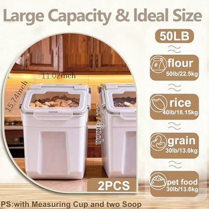 RUIAN 2Pcs Large Flour Storage Container Bin 50Lb Airtight Rice Storage Containers with Wheels Seal Locking Lid, BPA Free with Measuring Cup&Scoop for Flour, Rice, Grain 100LBS Total (Grey) - color: Gray 2Pack 50Lb