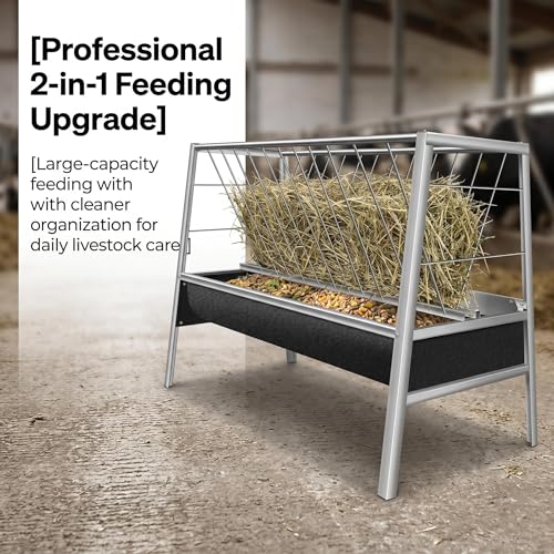 77 Gallon Stainless Steel Livestock Hay Feeder, Anti-Waste Rubber Trough Feeding Container, Heavy Duty Feeder for Goats, Sheep, Calves and Horses, Farm Animal Feed Accessory