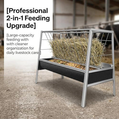 77 Gallon Stainless Steel Livestock Hay Feeder, Anti-Waste Rubber Trough Feeding Container, Heavy Duty Feeder for Goats, Sheep, Calves and Horses, Farm Animal Feed Accessory